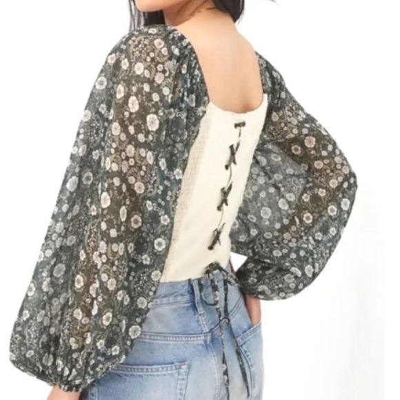 Anthropologie Forever That Girl Small Smocked Sheer Floral Sleeve Corset Top - Picture 2 of 9